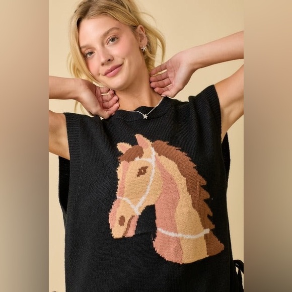 Western Horse Oversized Sleeveless Sweater Vest Top - Main Strip - Picture 3 of 7